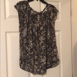 Gray flower short sleeve blouse with tie back